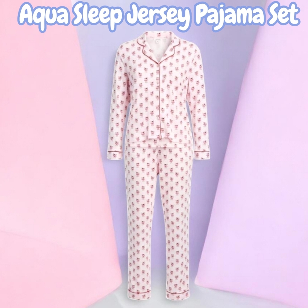 AQUA Notched Collar Jersey Pajama Set